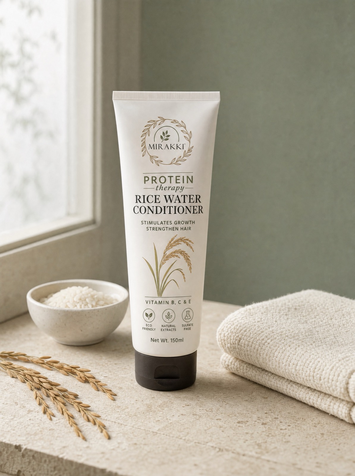 Mirakki Rice Water Conditioner in a calm wash-day setting