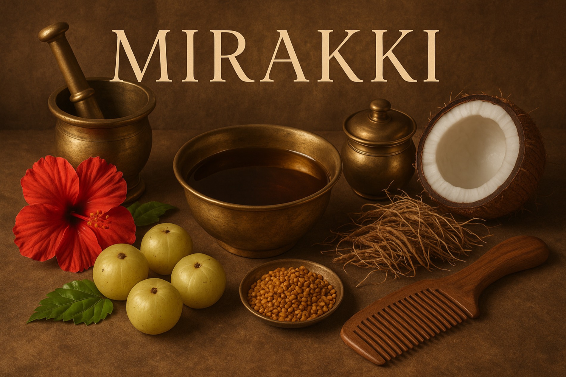 Traditional botanical haircare ingredients arranged for a Mirakki ritual