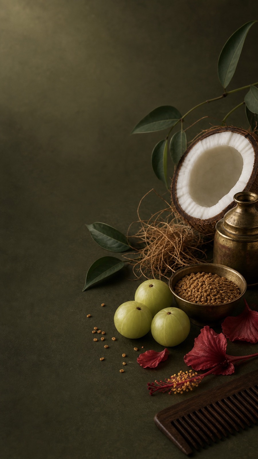 Coconut, amla, fenugreek and hibiscus arranged for a Mirakki botanical ritual